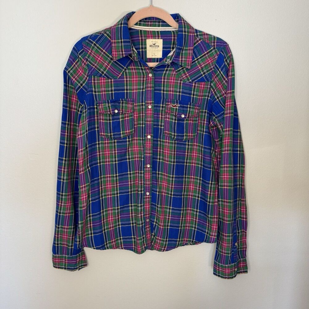 Hollister Womens Large Pearl Snap Plaid Shirt Long Sleeve Blue Turquoise Y2K